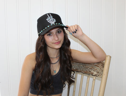 Turquoise Skelly Hand Trucker Hat