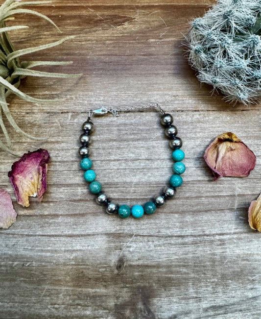 8 mm Sterling Silver Pearls bracelet with round turquoise