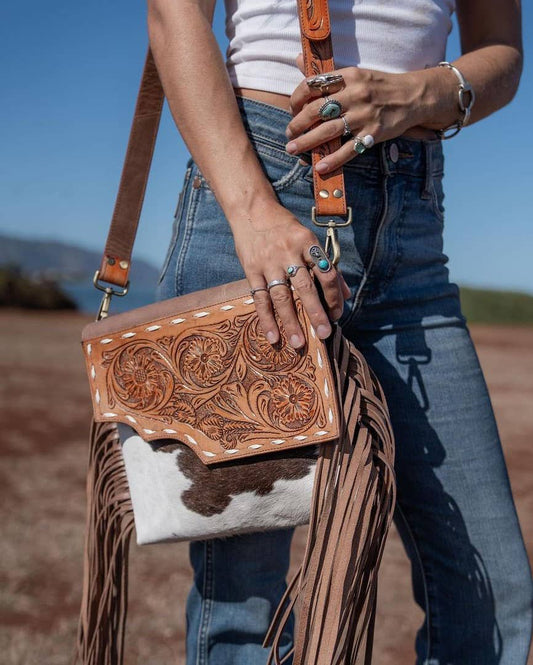 Georgia Cowhide Tooled Leather Fringe Crossbody Purse