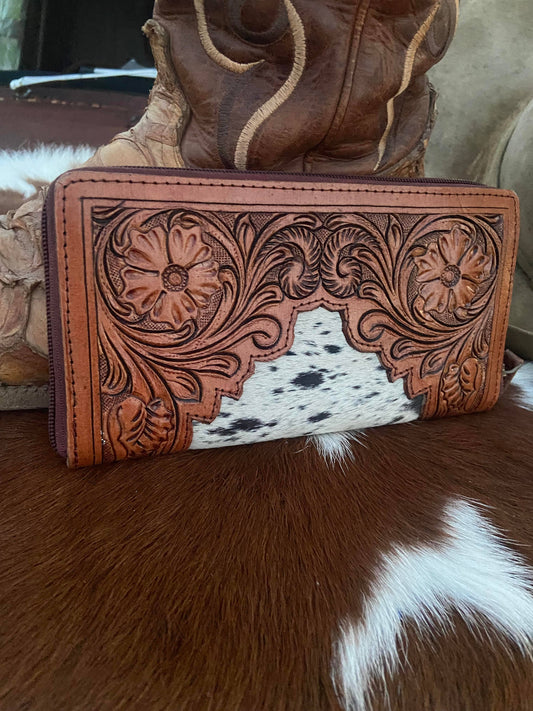 Tooled Leather Cowhide Womens Wallet Clutch
