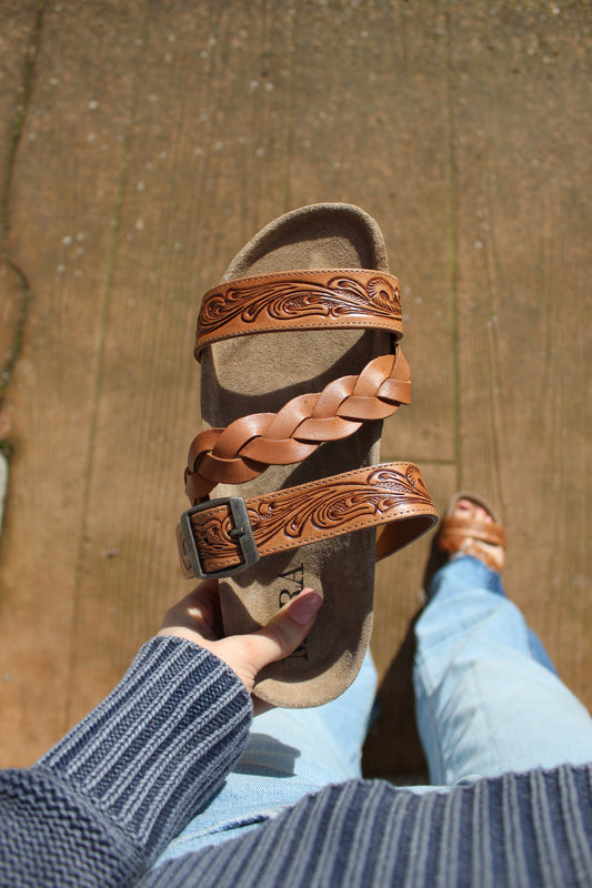 Dustbark Hand-tooled Leather Sandals