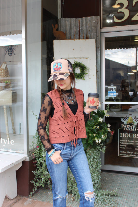 Knit Sweater Cotton Crochet Top - Rust