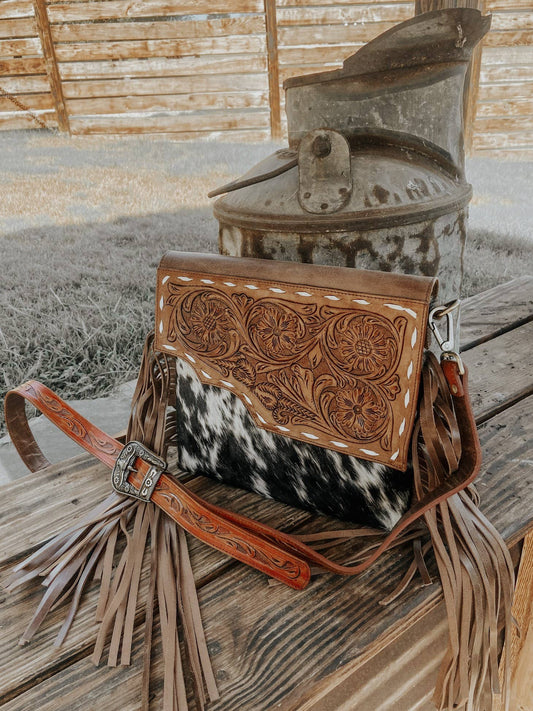 Georgia Cowhide Tooled Leather Fringe Crossbody Purse