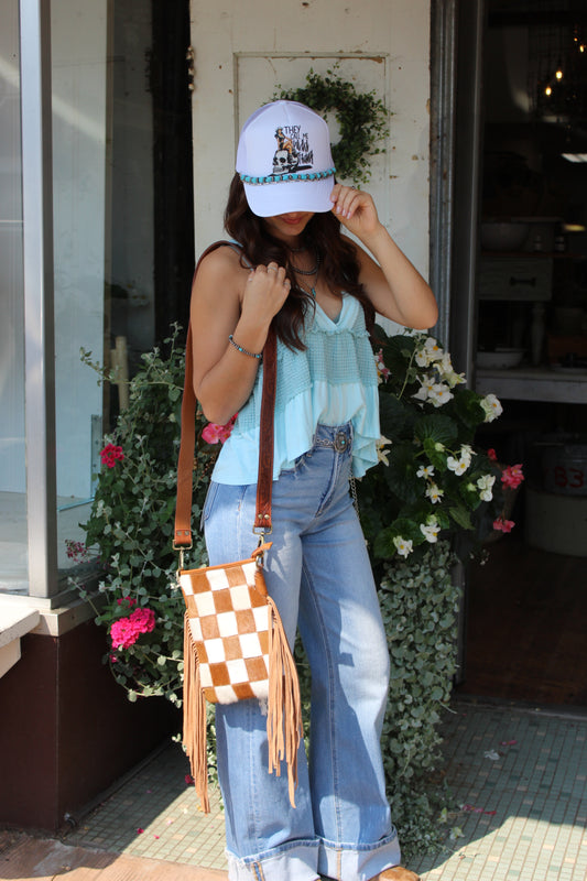 Stockdale Checkered Cowhide Fringe Purse