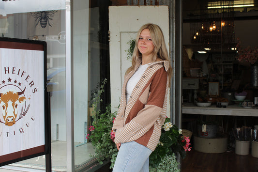 Houndstooth Patchwork Cable Knit Shacket