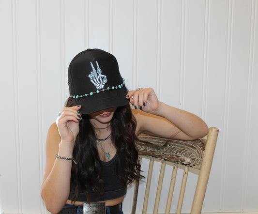 Turquoise Skelly Hand Trucker Hat