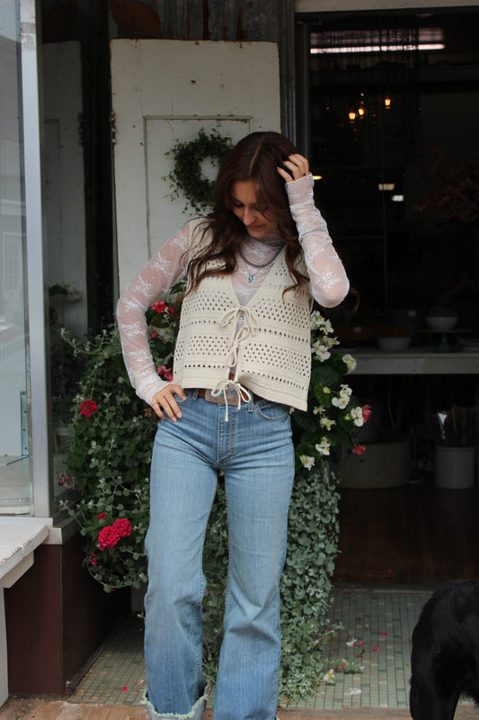 Knit Sweater Cotton Crochet Top - Natural