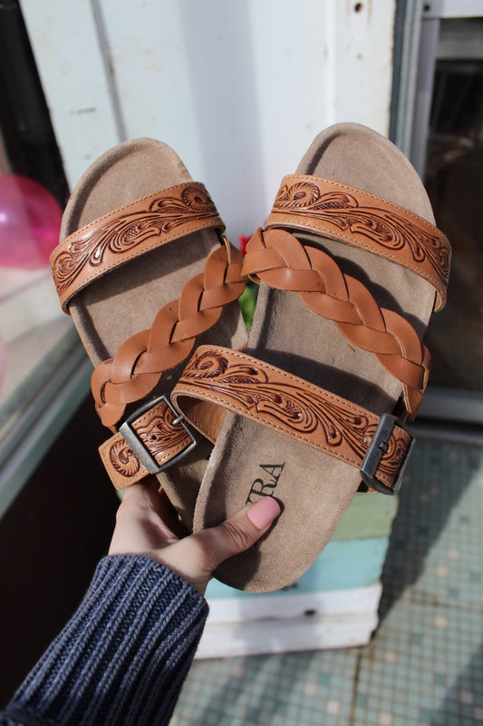 Dustbark Hand-tooled Leather Sandals