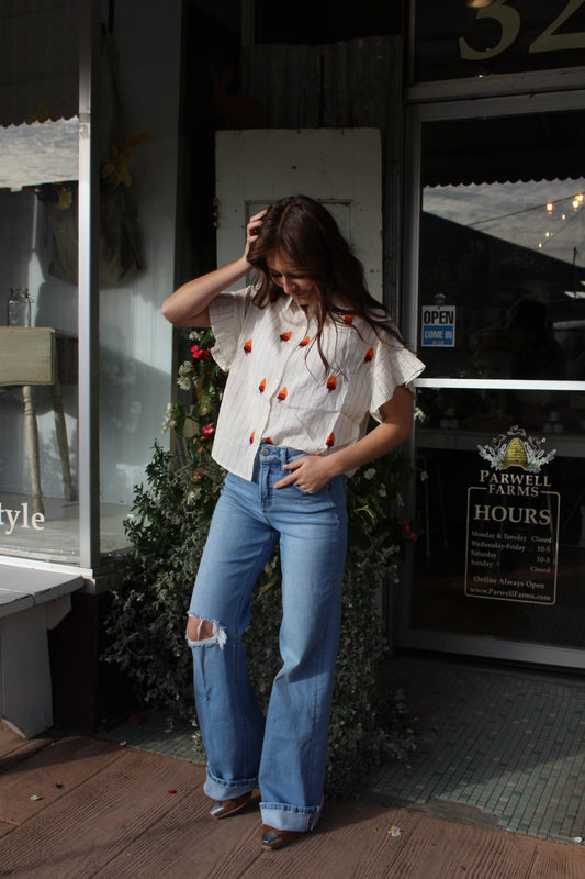 Adrian Stripe Embroidered Top