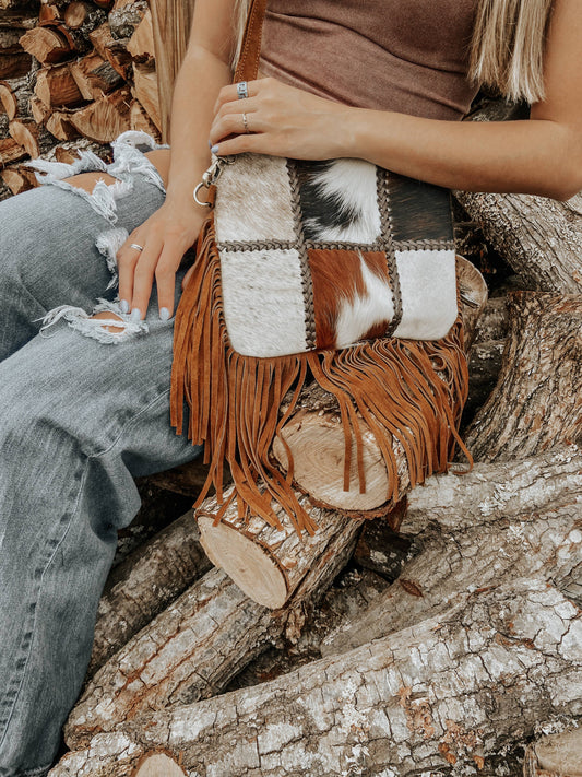 Chesney Patchwork Cowhide Fringe Western Purse