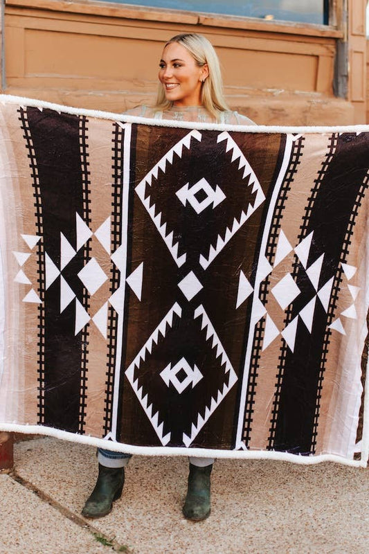 Brown Ivory Aztec Printed Sherpa Blanket