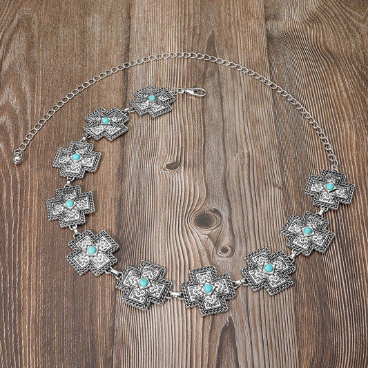 Turquoise Stone + Silver Cross Concho Chain Belt