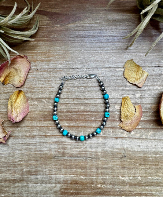 5mm Sterling Silver Pearl & Faceted Turquoise Bracelet