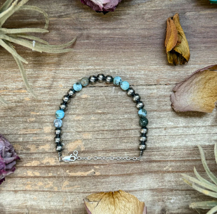 Sterling Silver &amp; Larimar Bracelet – 6 mm Beads