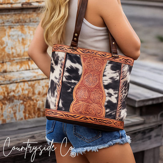 Lucille Tooled Leather Cowhide Tote Purse