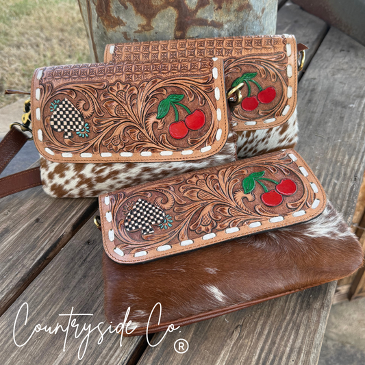 Lucky Charm Leather & Cowhide Purse Cherry & Checkered Spade