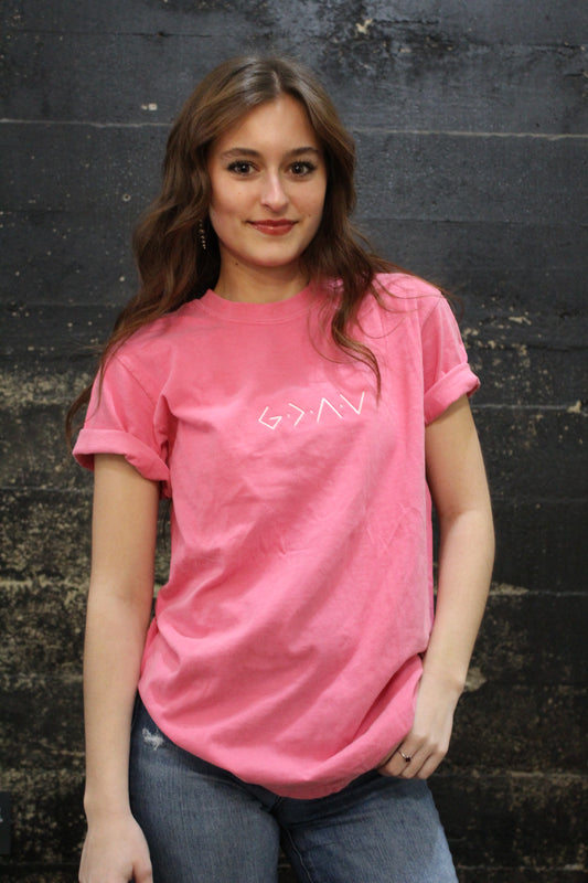 God Is Greater Pink Embroidery Tee