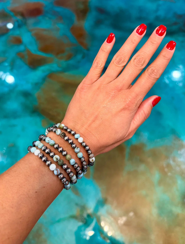 Sterling Silver &amp; Larimar Bracelet – 6 mm Beads