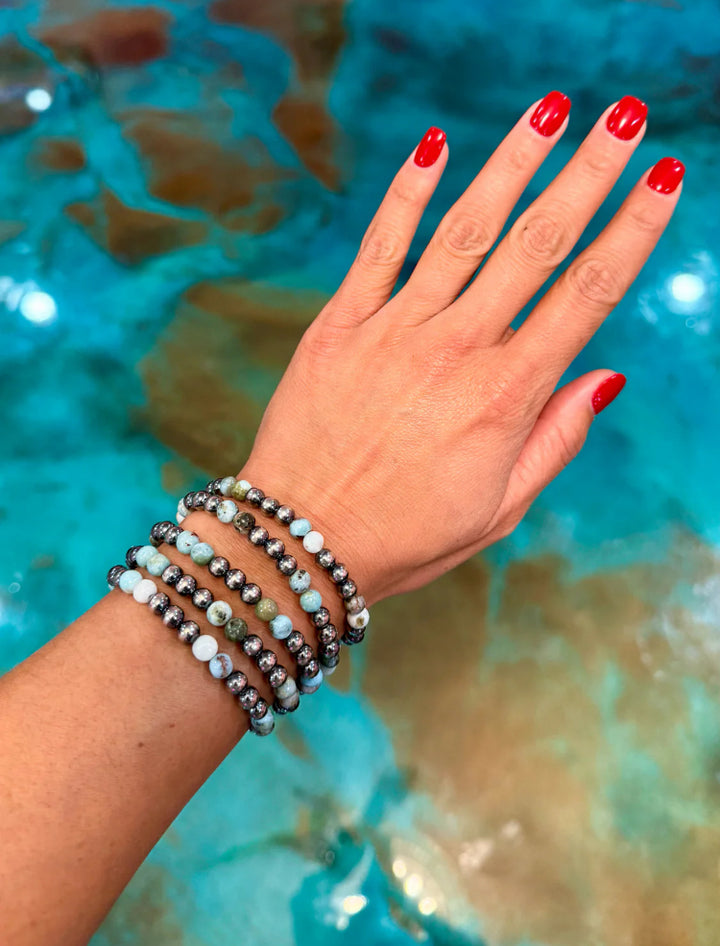 Sterling Silver &amp; Larimar Bracelet – 6 mm Beads