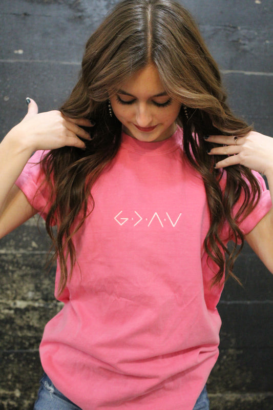 God Is Greater Pink Embroidery Tee
