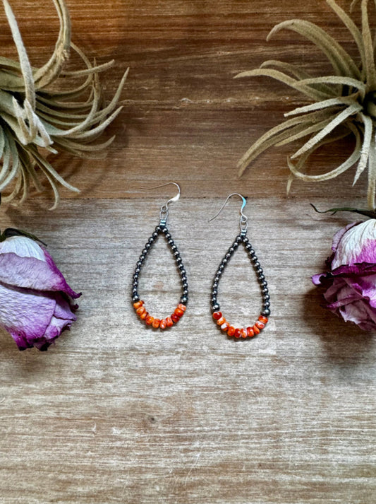 Sterling Silver Pearl & Orange Spiny Oyster Teardrop Earrings