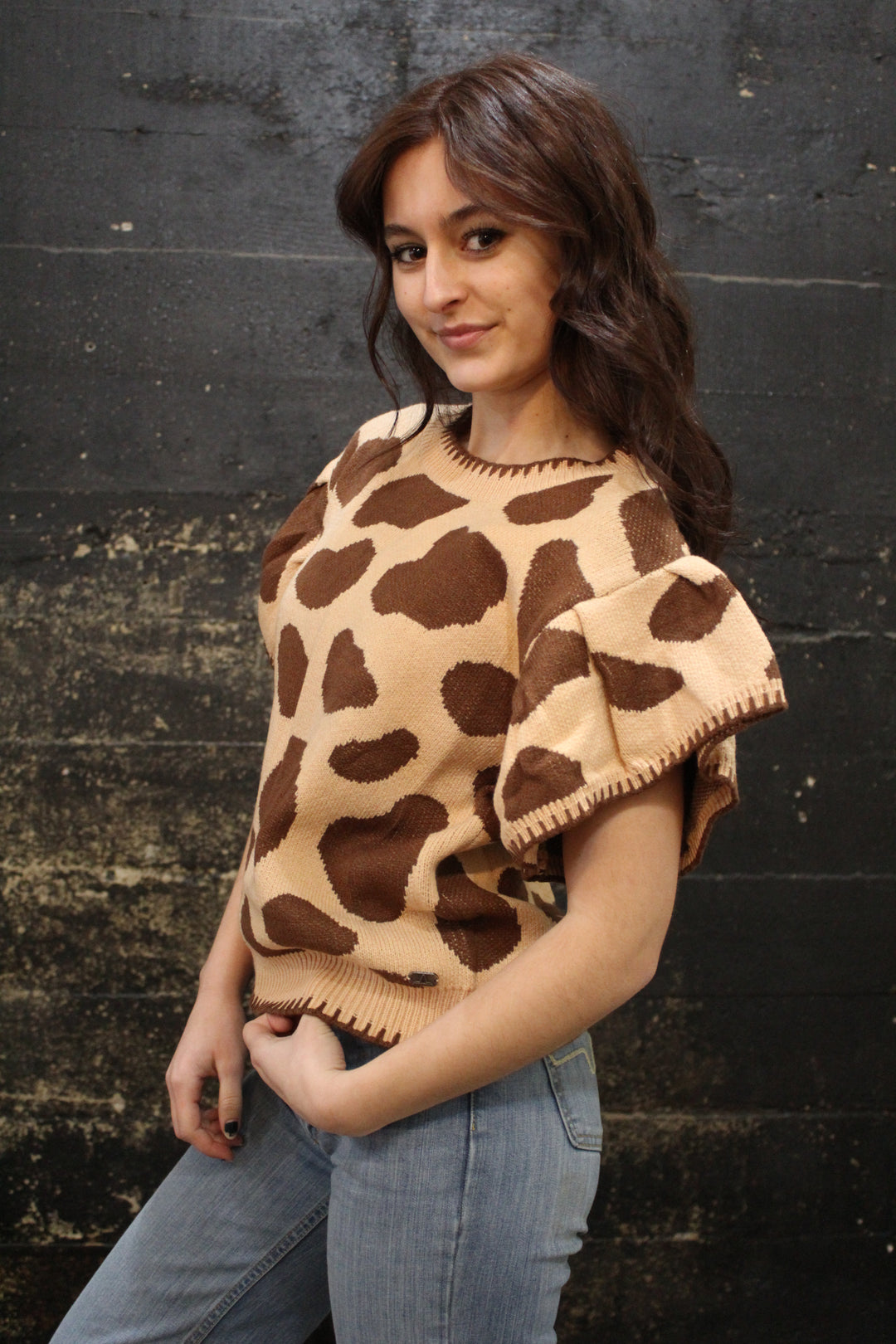 Cow Printed Knit Ruffle Top
