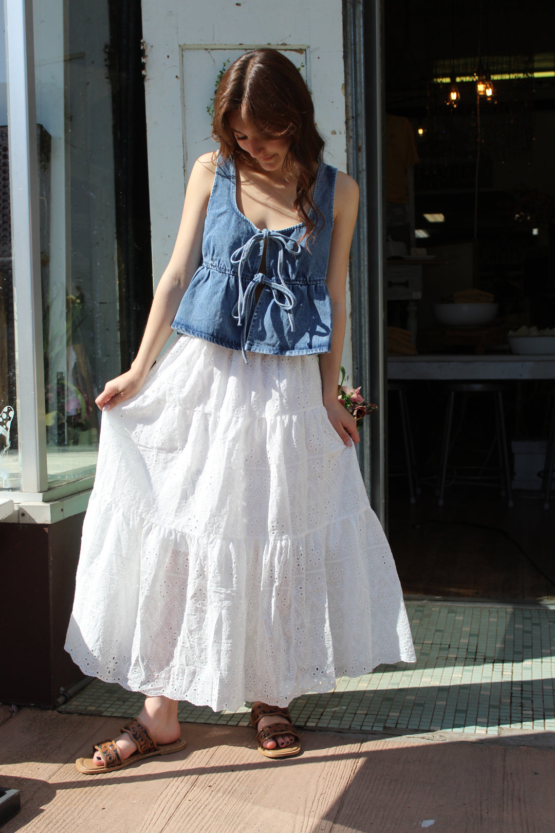 Ruffled Hem Denim Top