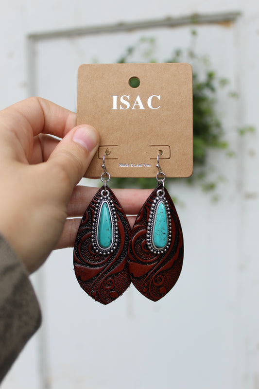Tooling Leather Turquoise Earrings