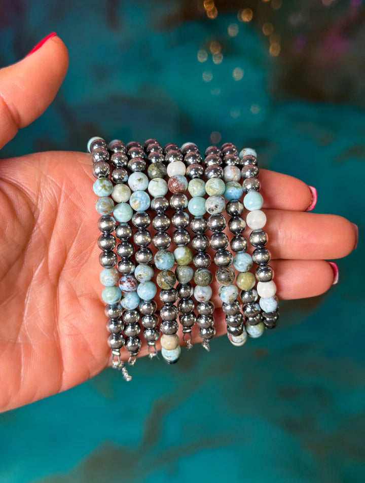 Sterling Silver &amp; Larimar Bracelet – 6 mm Beads