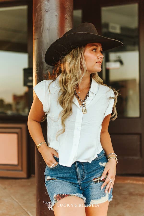 Ivory Collared Button Down Ruffle Short Sleeve Top