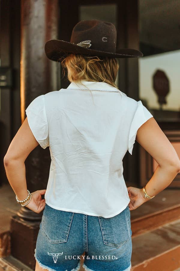 Ivory Collared Button Down Ruffle Short Sleeve Top