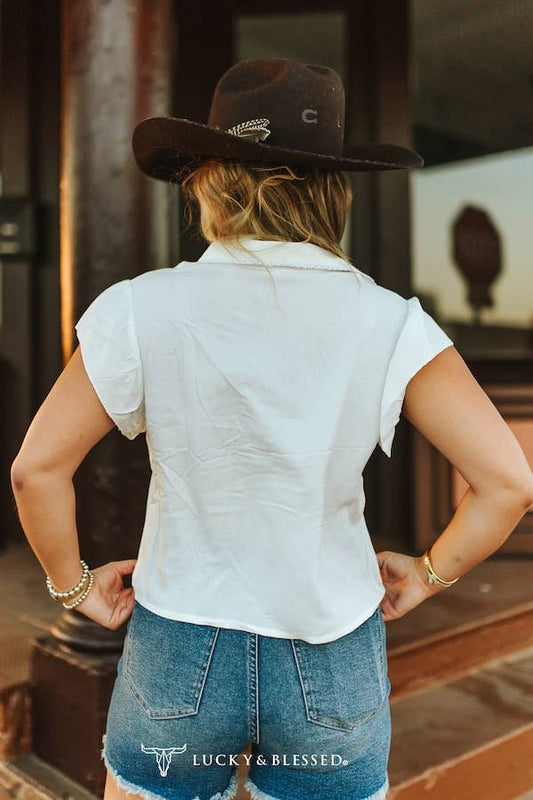 Ivory Collared Button Down Ruffle Short Sleeve Top