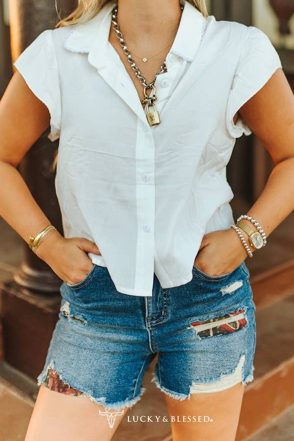 Ivory Collared Button Down Ruffle Short Sleeve Top