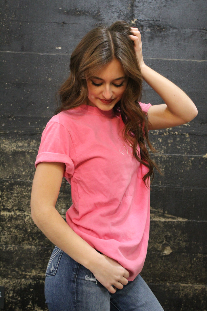God Is Greater Pink Embroidery Tee