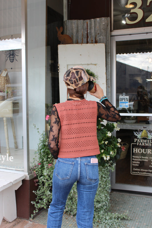 Knit Sweater Cotton Crochet Top - Rust