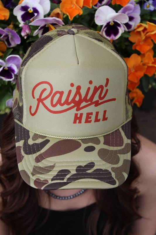 Raisin’ Hell Camo Trucker Hat