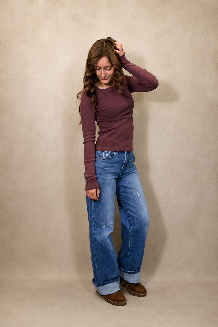 Boat Neck Ribbed Knit Top - Maroon