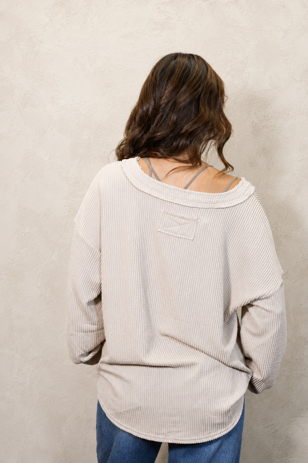 V-Neck Textured Knit Top - Light Khaki