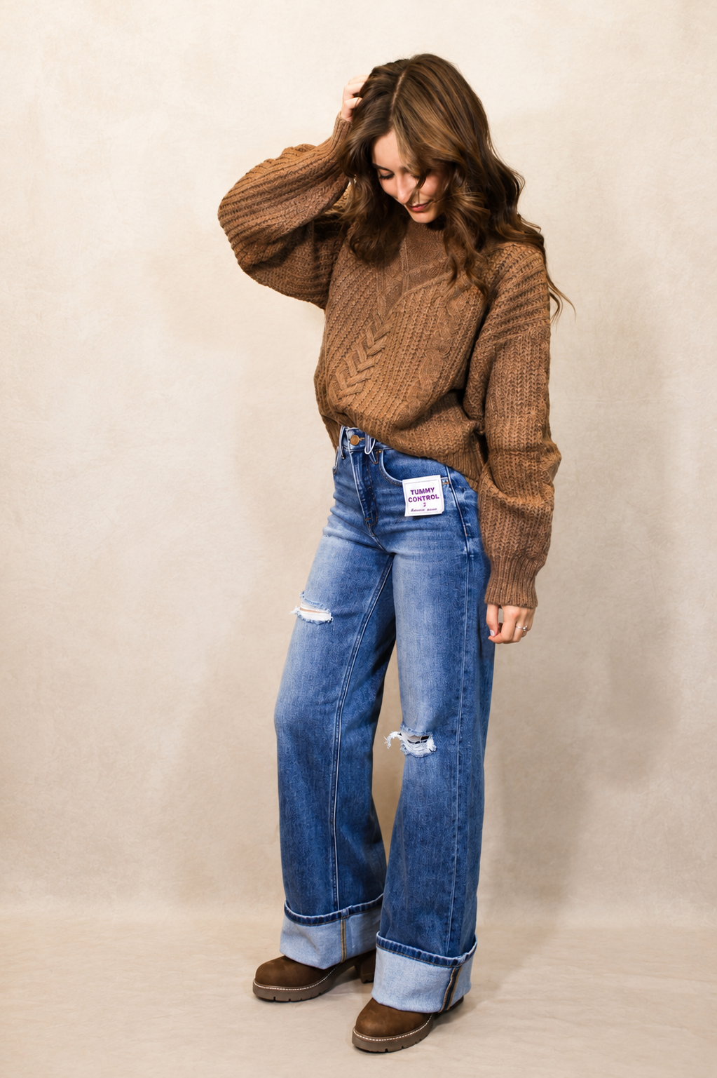 Brown Textured Cable Knit Sweater