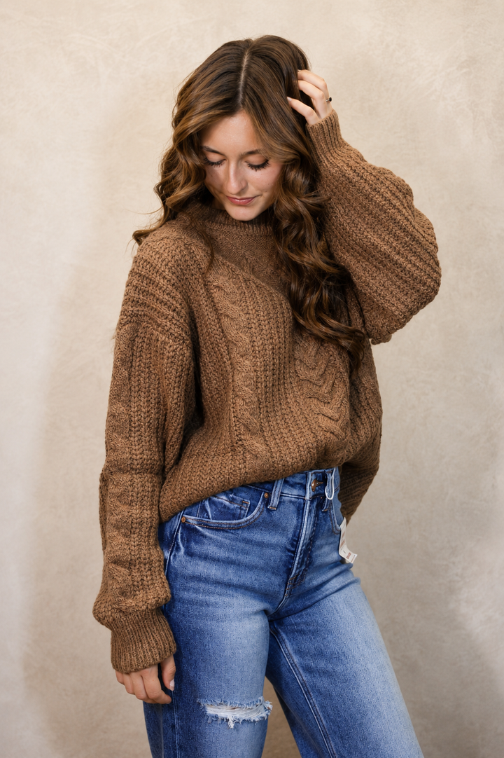 Brown Textured Cable Knit Sweater