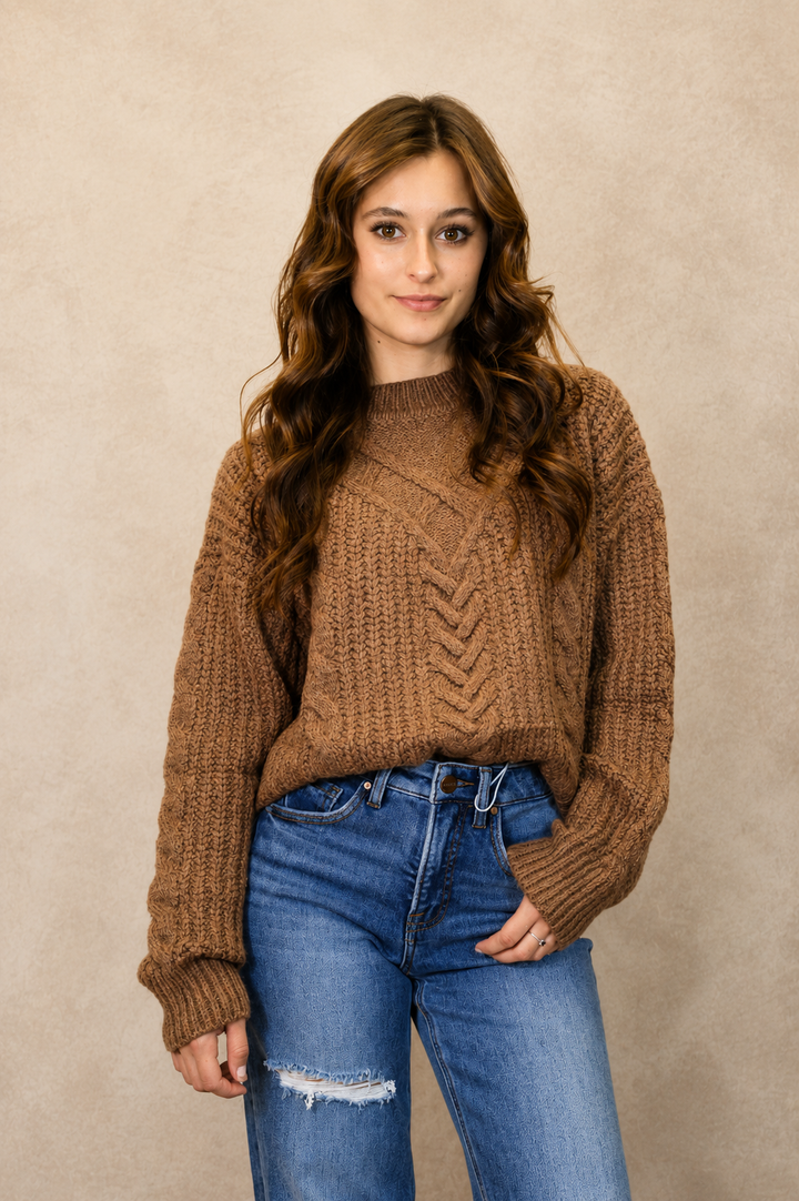 Brown Textured Cable Knit Sweater
