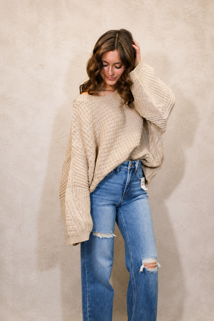 Waffle Knit Oversized Sweater - Camel