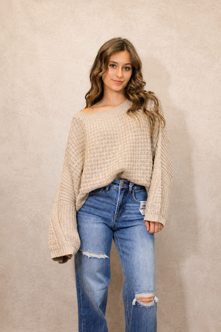 Waffle Knit Oversized Sweater - Camel