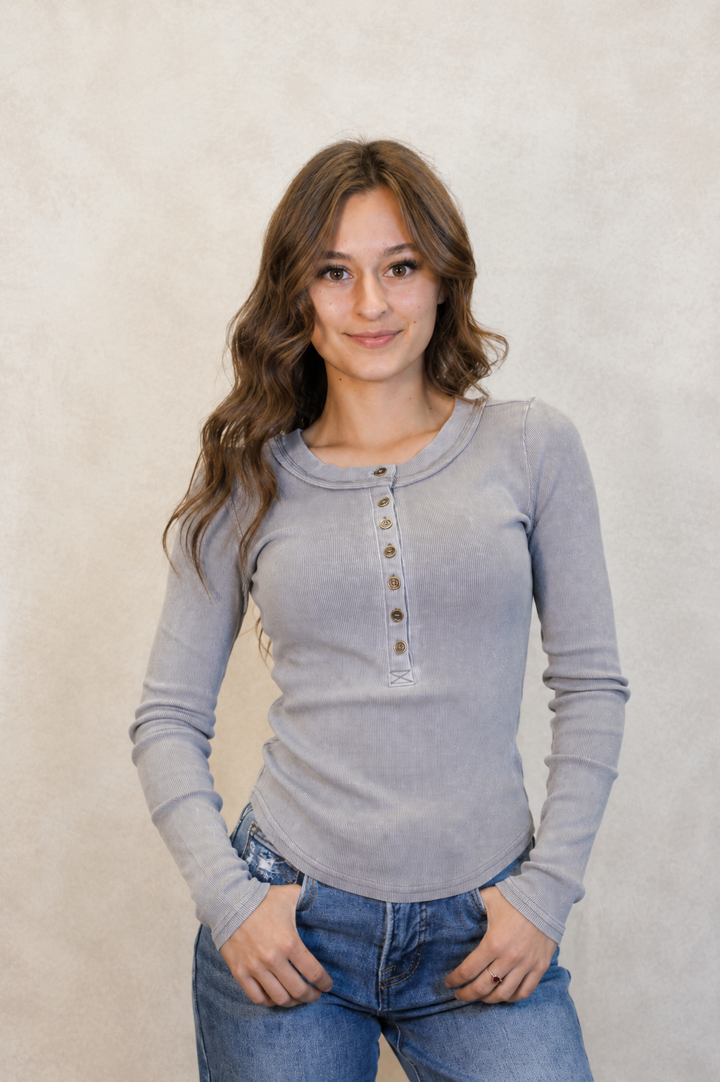 Washed Ribbed Henley Knit Top - Charcoal Grey