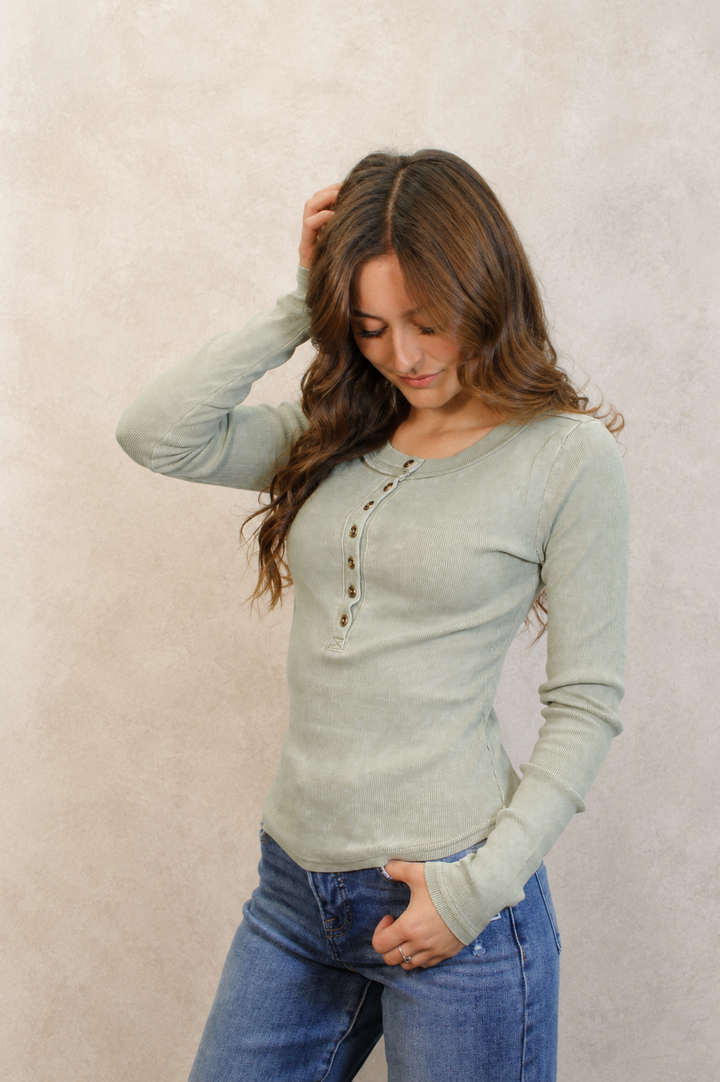 Washed Ribbed Henley Knit Top - Light Olive