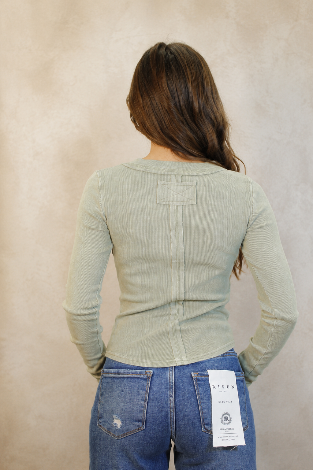 Washed Ribbed Henley Knit Top - Light Olive