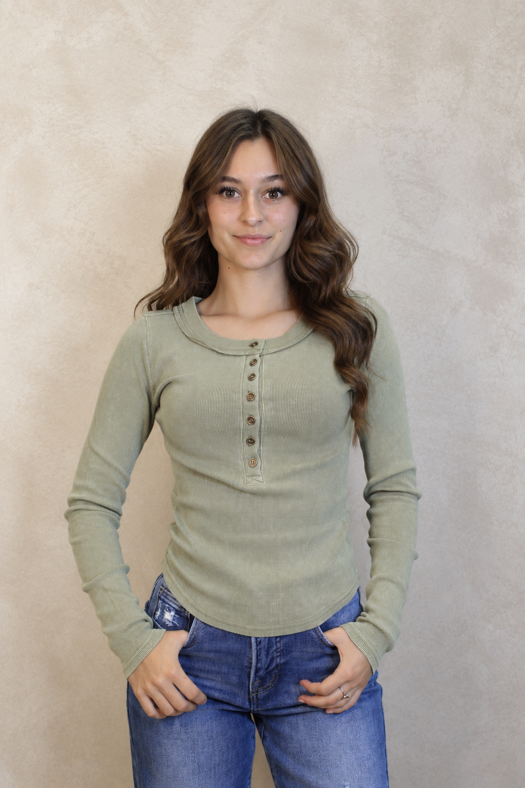 Washed Ribbed Henley Knit Top - Light Olive