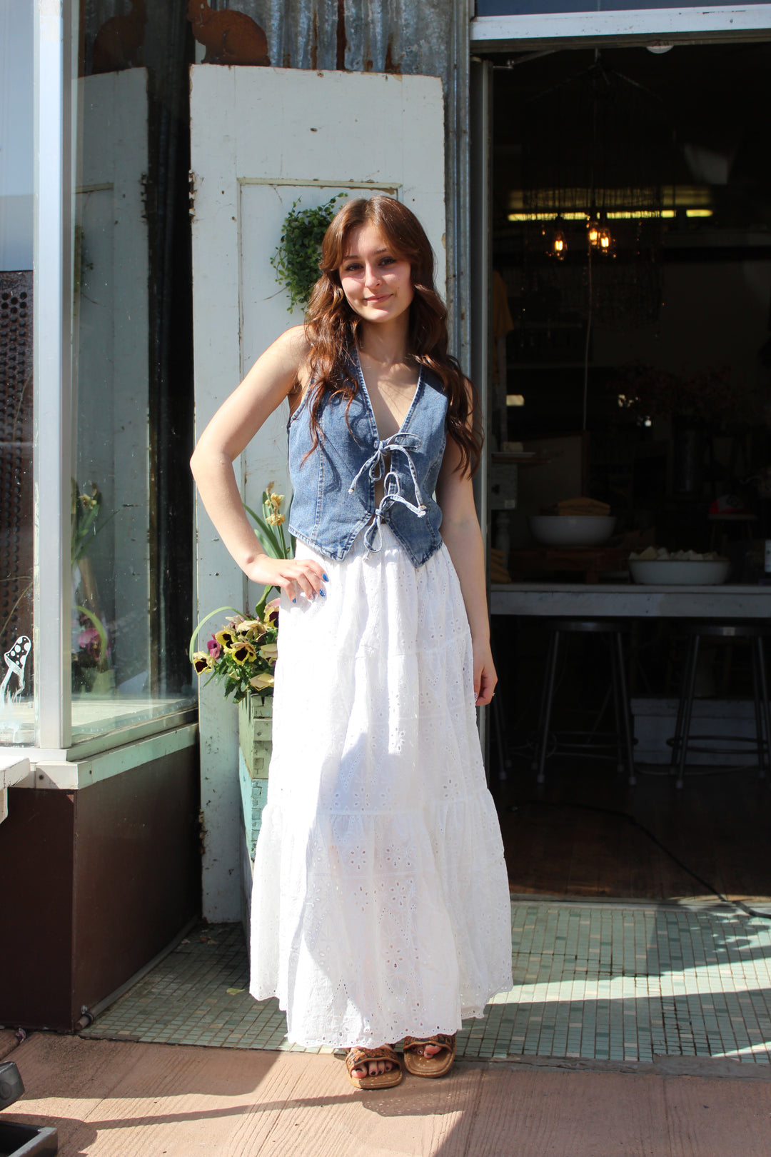 Tiered Eyelet Midi Skirt