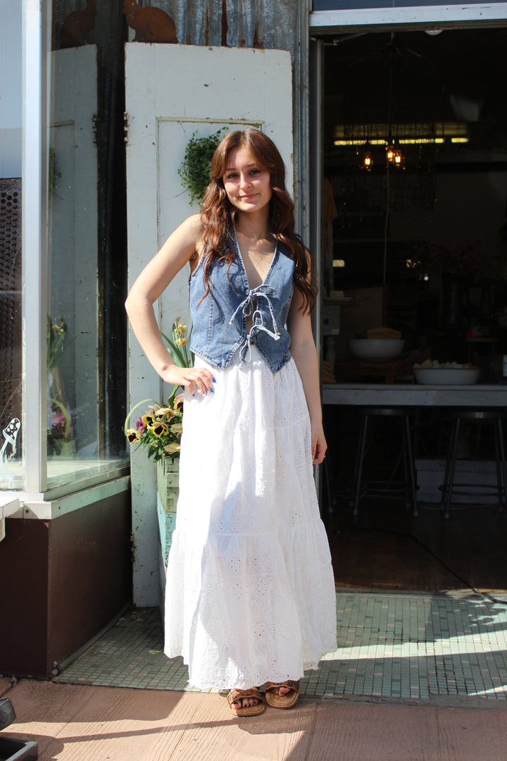 Tiered Eyelet Midi Skirt