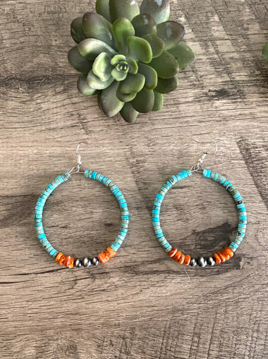 Turquoise + Orange Spiny Sterling Silver Hoops